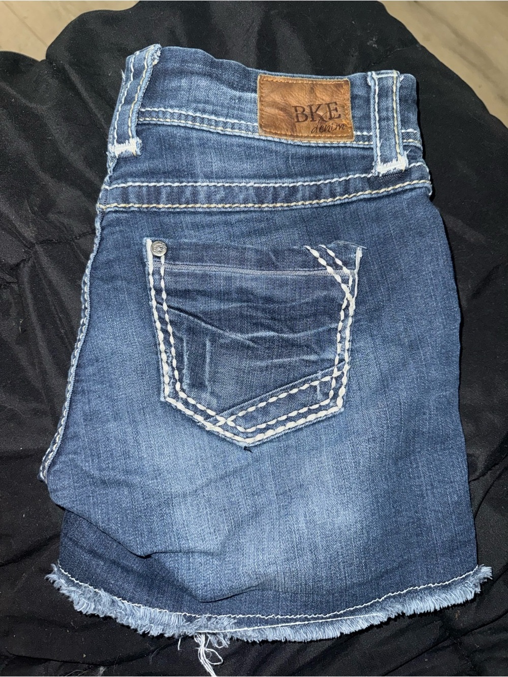 BKE Blue Denim Frayed Hem Mini Shorts